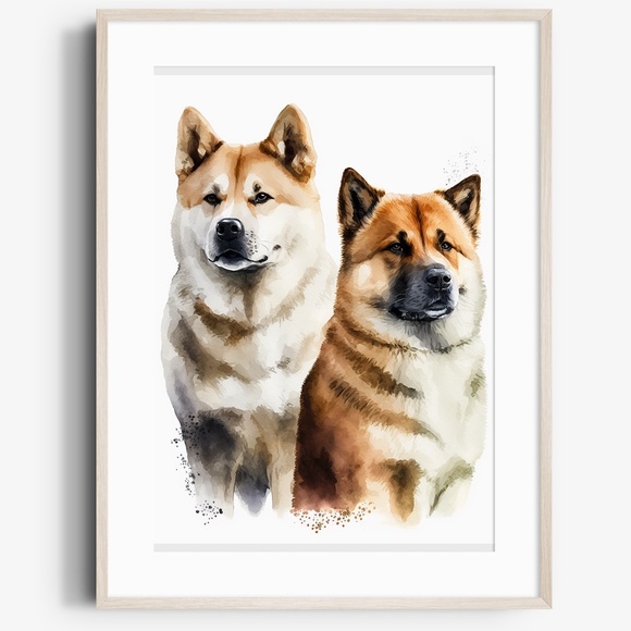 Other - Watercolor American Akita Dogs Portrait Wall Art Illustration Print Unframed